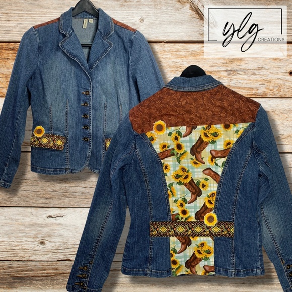 Boho Denim Jacket Refashioned Sunflower Cowboy Boot Western Blazer Womens Medium - Picture 1 of 14